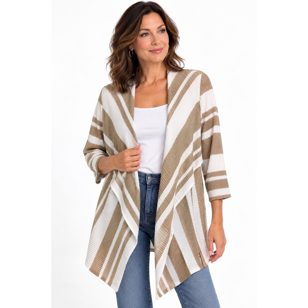 Travelers by Chico's Tan White Striped Open Front Draped Cardigan Size 1 M